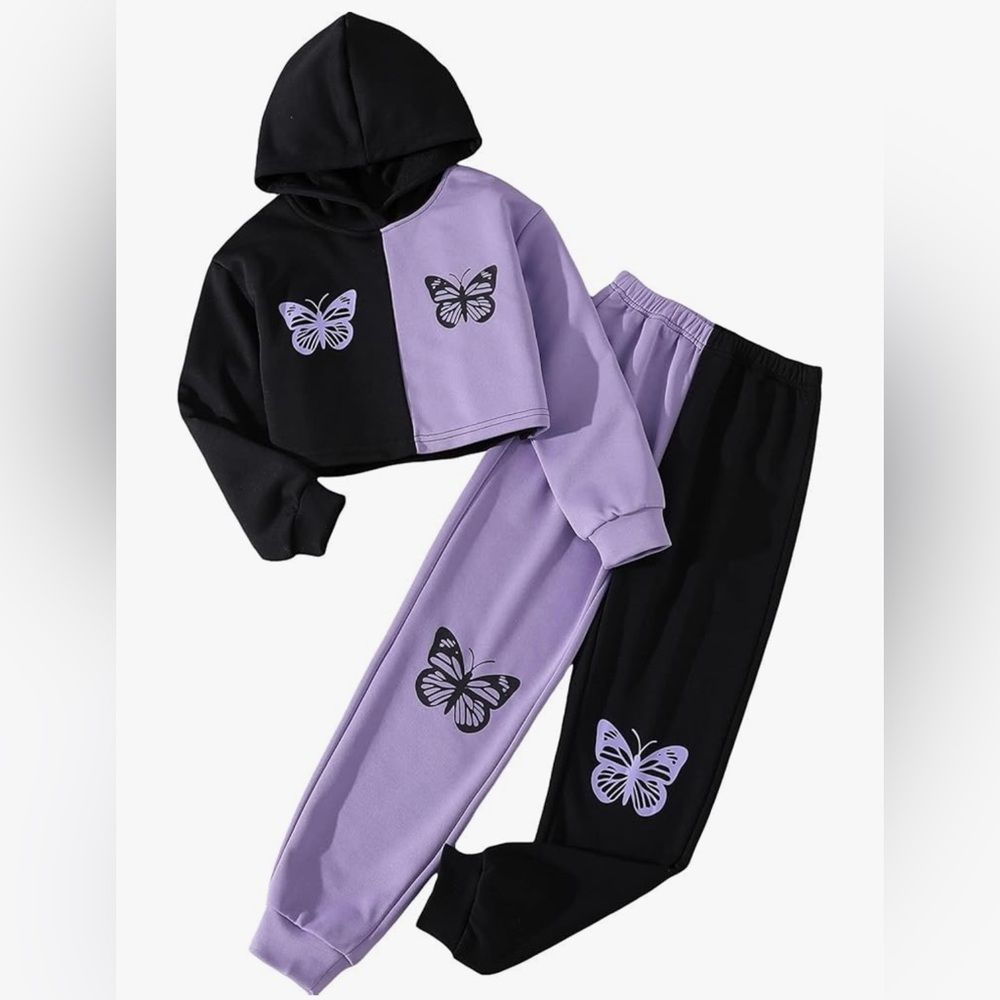 Girls Cozy Crop Set - Purple and Black with Butterflies
